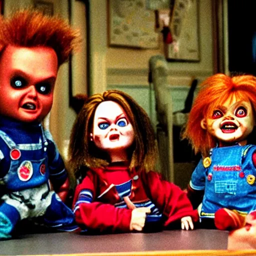 Prompt: Chucky the killer doll from the movie Child's Play surrounded by the Flodder family in a still from the dutch TV series Flodder (1993) 8k hdr