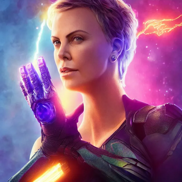 Prompt: portrait of ((Charlize Theron)), wearing The Infinity GAUNTLET. THANOS SNAP. intricate artwork. octane render, trending on artstation, very coherent symmetrical artwork. avengers. thanos. cinematic, hyper realism, high detail, octane render, 8k, iridescent accents