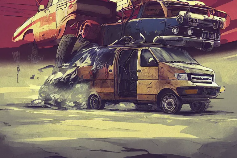 Prompt: digital illustration of mad max's ford aerostar van by makoto shinkai, ilya kuvshinov, lois van baarle, rossdraws, basquiat