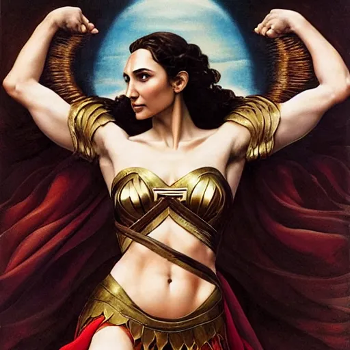 Prompt: Full body oil painting of the beautiful goddess Gal Gadot as Atenea, she is wearing roman clothes and a surreal jewelry, her hair is natural disheveled, she is approaching heaven over the clouds, naturalism, dramatic lighting, high-detailed oil painting by Ilya Repin, Michelangelo da Caravaggio, William Blake, Alex Grey and Beksinski, trending on Artsation, hystorical painting, naturalism, masterpiece, 4k, 8k,