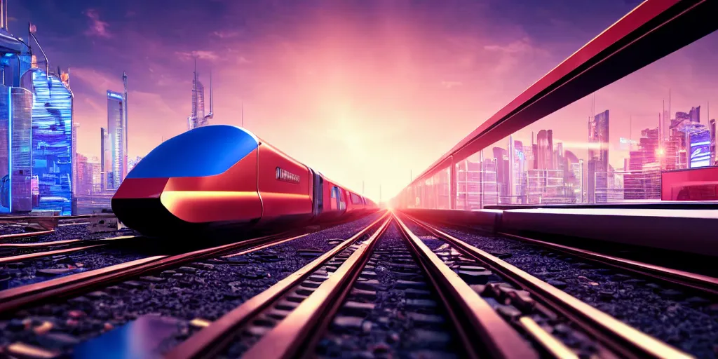 Prompt: a cyberpunk maglev train riding though futuristic station, futuristic cityscape in background, golden hour sunset, gorgeous lighting and metallic reflection, maroon and blue accents, 8k, large scale, high detail, side profile