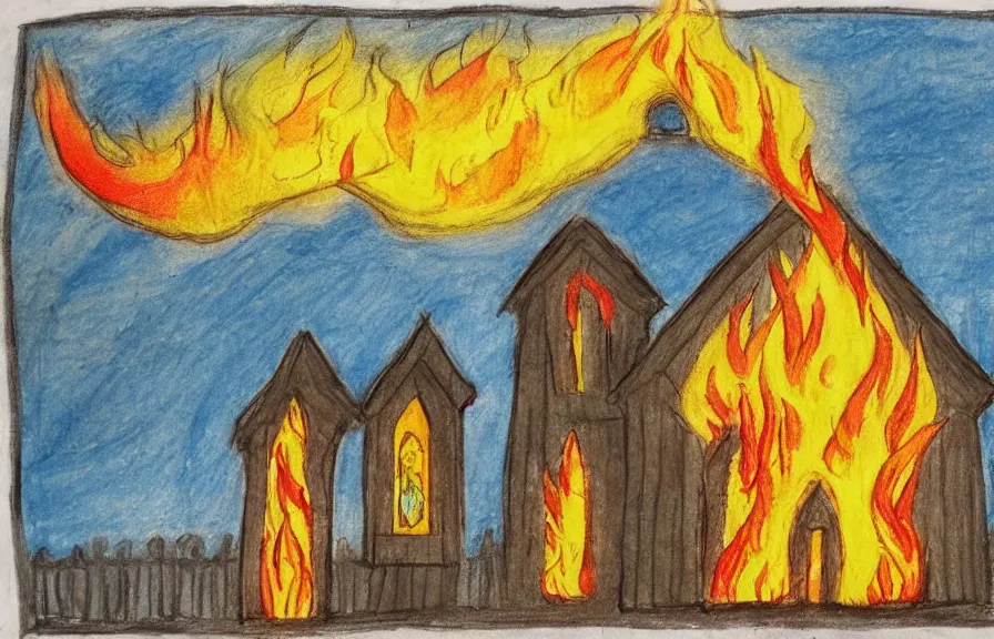 Prompt: church on fire, children drawing