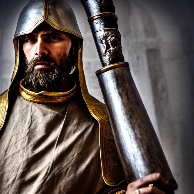 Image similar to photo of a holy cleric warrior with, highly detailed, 8 k, hdr smooth, sharp focus, high resolution, award - winning photo, dslr, 5 0 mm