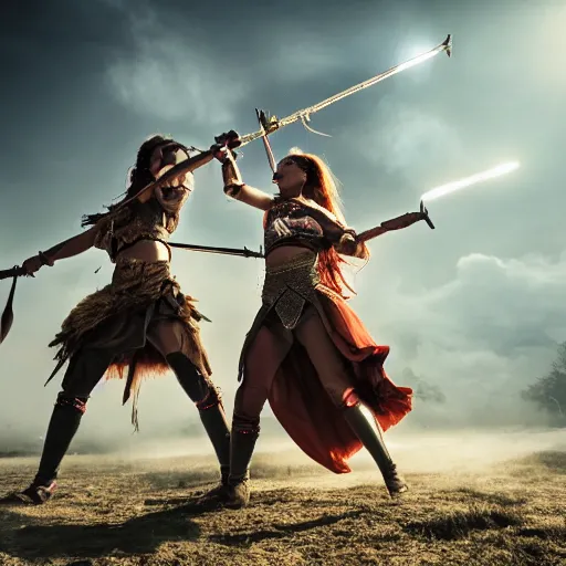 Image similar to 8k photo of a battle of 2 warrior princesses in year 2100. Nikon, sharp, beautiful light