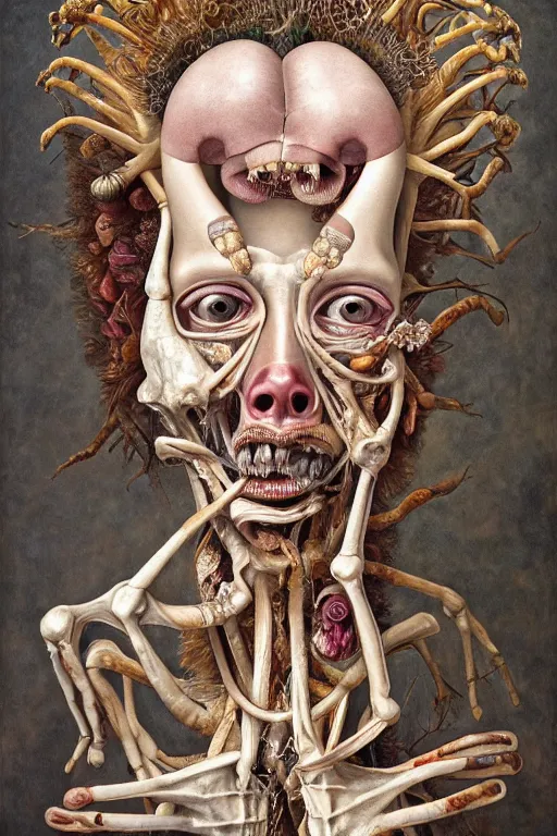 Image similar to Detailed maximalist portrait of a greek god with large lips and eyes, scared expression, botanical anatomy, skeletal with extra flesh limbs, HD mixed media, 3D collage, highly detailed and intricate, surreal illustration in the style of Jenny Saville, dark art, baroque, centred in image