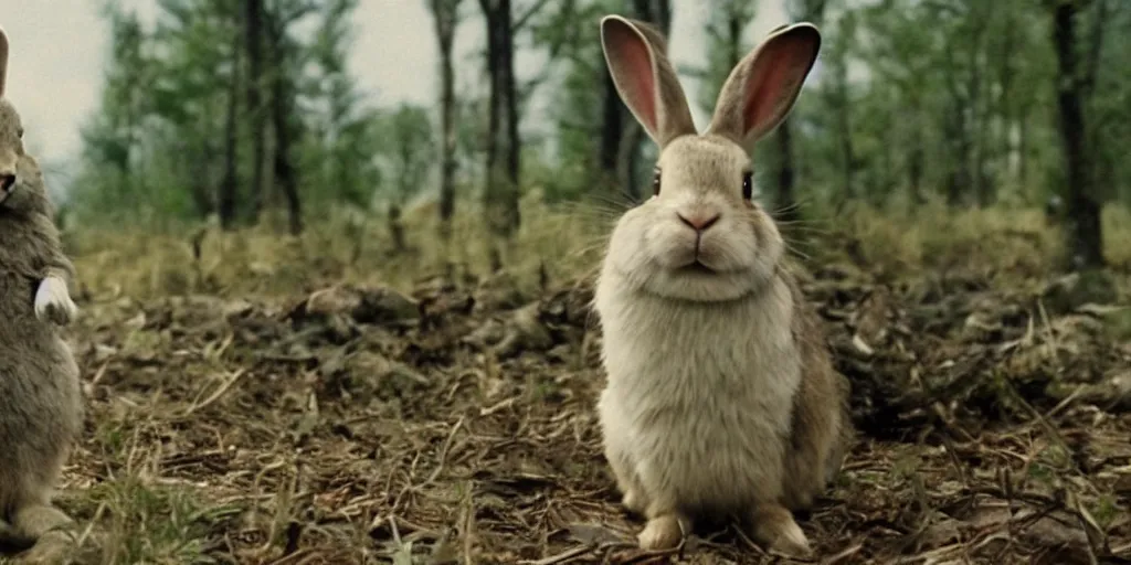 Prompt: a rabbit in the movie moonrise kingdom, screenshot