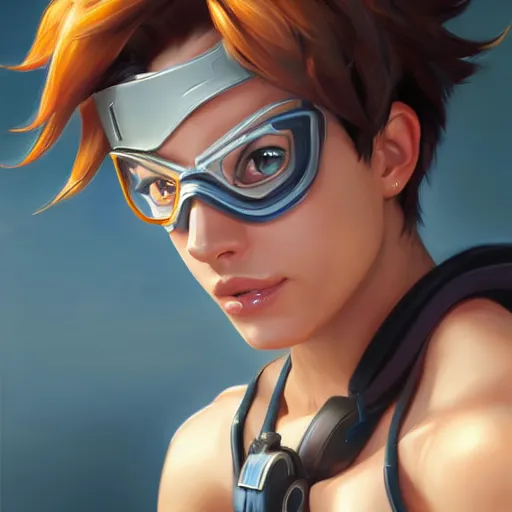 Image similar to a highly detailed portait of tracer from overwatch with muscles, digital art, pretty face, muscular, very beautiful face, very detailed eyes, 8 k resolution, digital painting, by james gurney wlop, greg rutkowski, full body