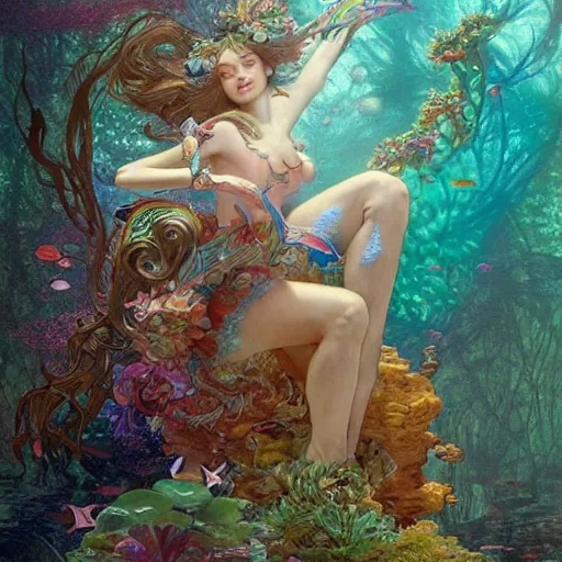 Prompt: portrait of a beautiful fairy woman, submerged underwater filled with colorful small fish and coral reef, fantasy, regal, intricate, by stanley artgerm lau, greg rutkowski, thomas kindkade, alphonse mucha, loish, norman rockwell