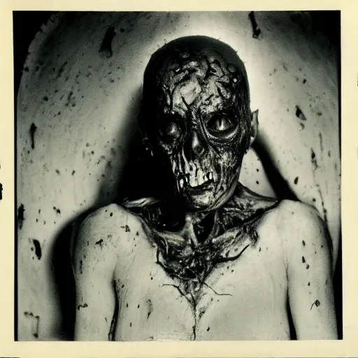 Image similar to real life sentient and composed irradiated undead with acute radiation sickness flaking, melting, rotting skin 1950s nuclear wasteland black and white award winning photo highly detailed, highly in focus, highly life-like, facial closeup taken on Arriflex 35 II, by stanley kubrick