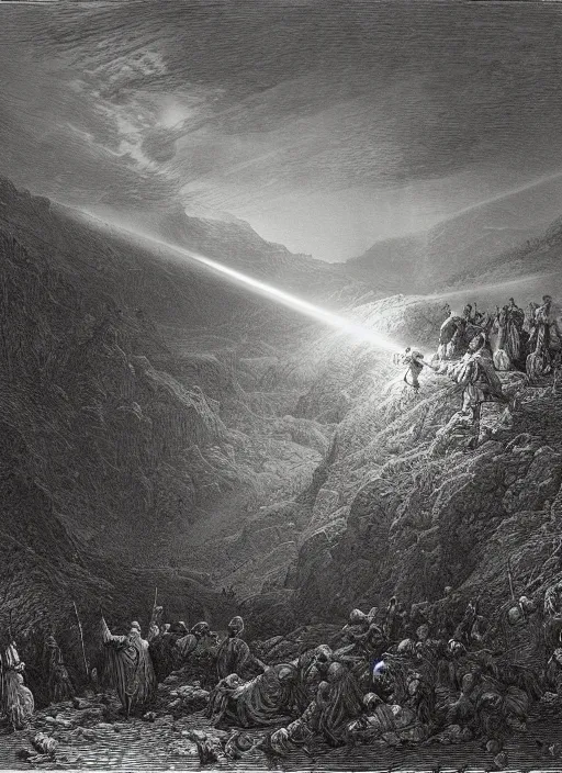 Image similar to battle in the epic valley, shaft of light, high contrast, gustave dore