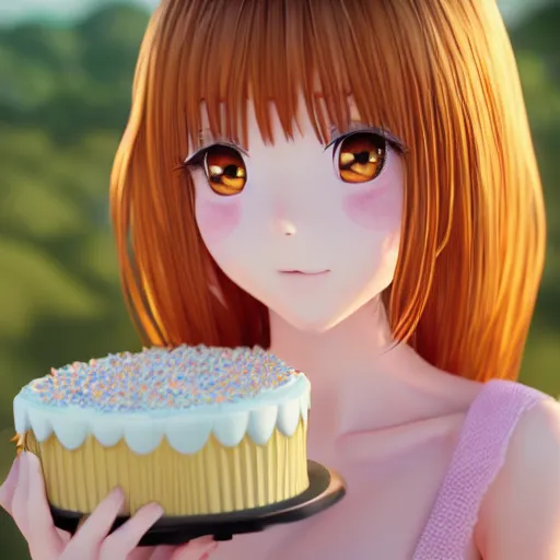 Image similar to Render of a beautiful 3d anime woman holding a birthday cake to show the camera, long light pink hair, full bangs, hazel eyes, cute freckles, full round face, soft smile, Chinese heritage, cute checkerboard sundress, golden hour, serene beach setting, medium shot, mid-shot, hyperdetailed, trending on Artstation, Unreal Engine 4k