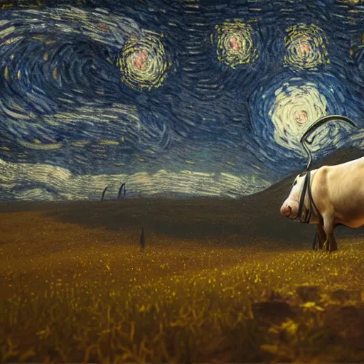 Image similar to a detailed matte painting of a cow wearing a witch hat, viewed in profile, glowing moths and fog in the background, starry night, black and blue color scheme with gold highlights, in the style of discworld and harry potter, 8 k, octane render