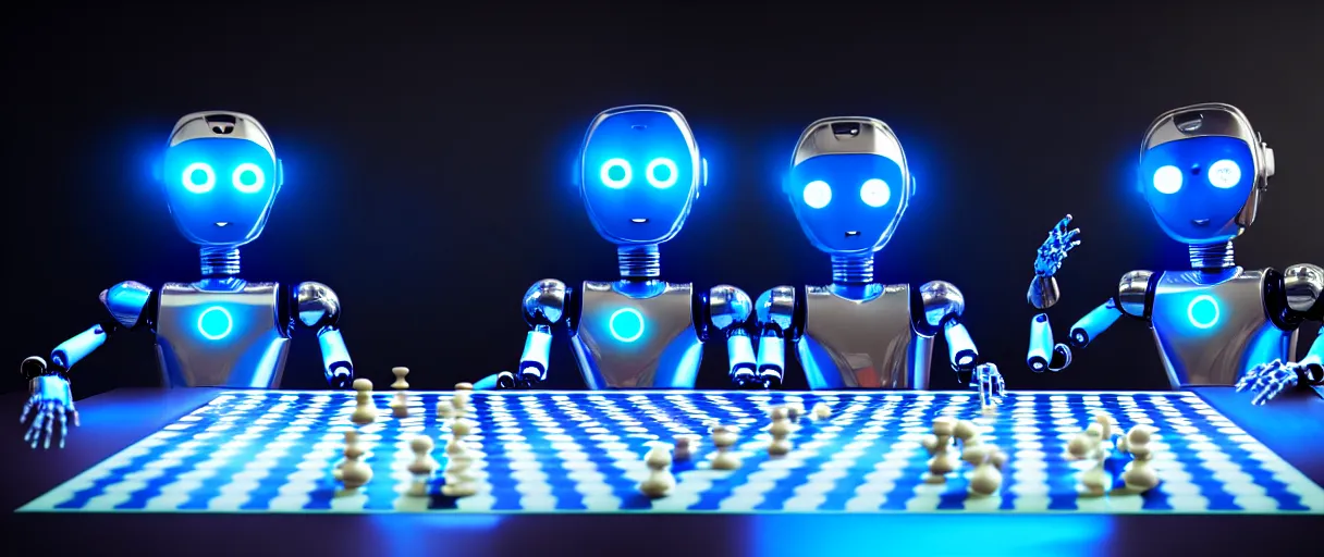 Image similar to a highly detailed photo of two futuristic matte blue and chrome full - body humanoid robots with glowing led eyes sit on large midcentury recliners facing off in an intense game of checkers. cinematic movie photograph, cinematic lighting, arri alexa, extremely detailed, smooth, very very clean, 8 k, octane render, maya render, unreal engine, trending on artstation, dslr