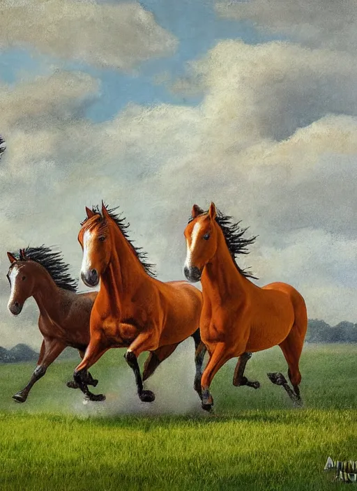 Image similar to three horses running in a field, by ansin martin