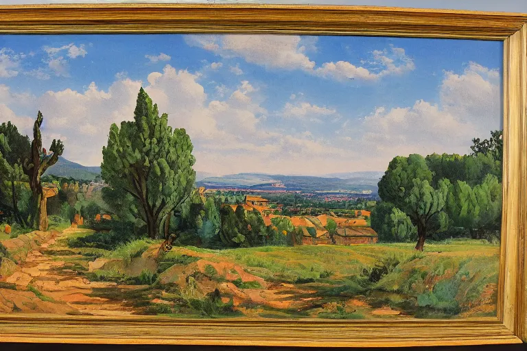 Image similar to Masterpiece of a large Provence landscape, country side and small town, gouache, by Jean Hugo