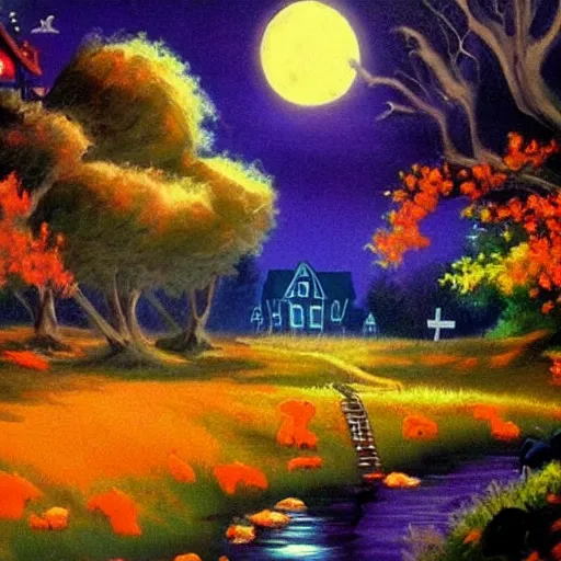 Image similar to halloween scene painted by bob ross