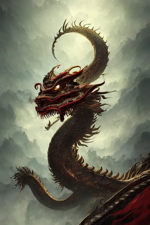 Image similar to chinese dragon god, close - up portrait, powerfull, intricate, elegant, volumetric lighting, scenery, digital painting, highly detailed, artstation, sharp focus, illustration, concept art, ruan jia, steve mccurry