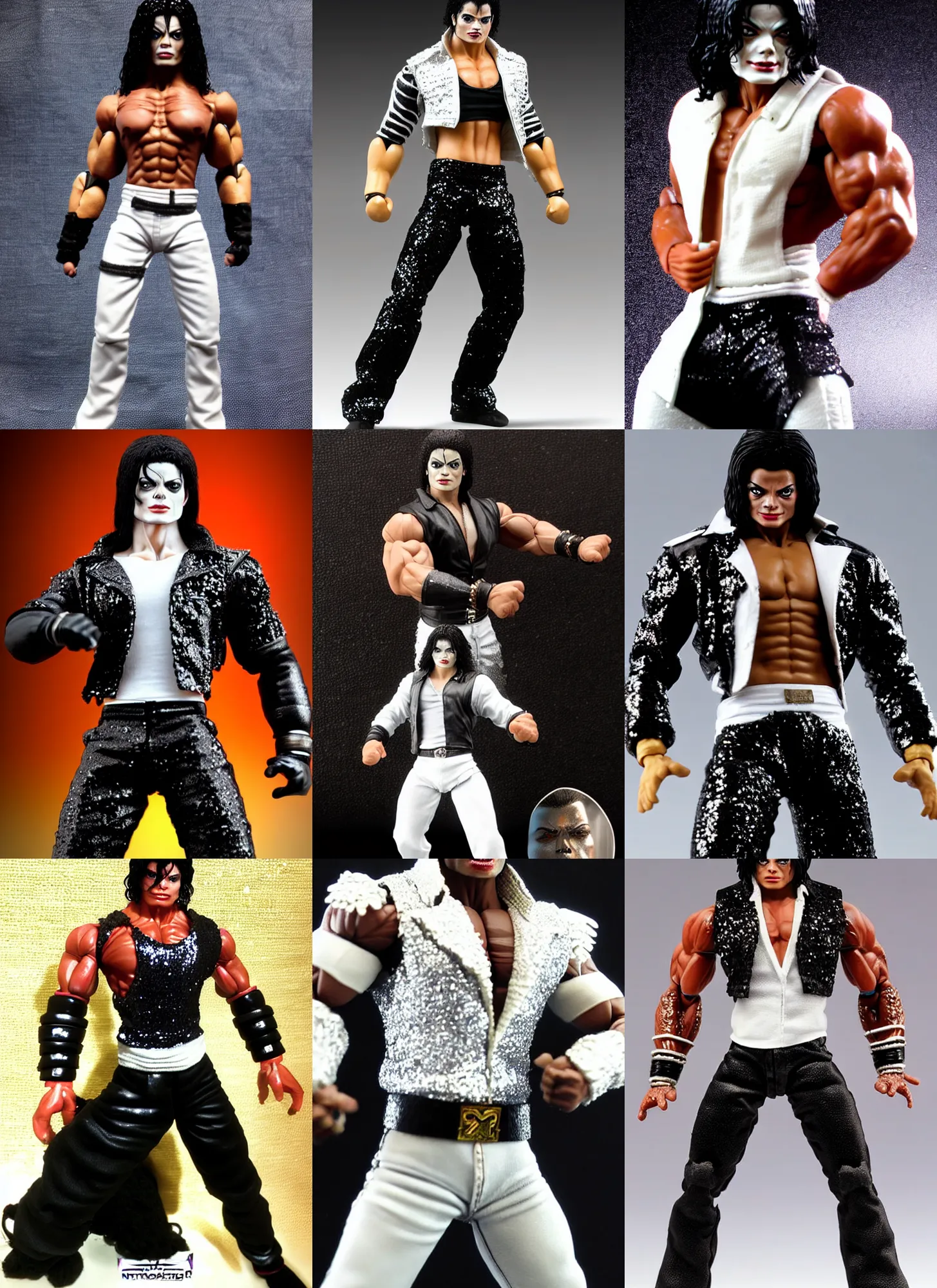 Prompt: stoic michael jackson oversized muscular hulked powerlifter by neca!!! pretty! beautiful! shirtless muscular dark eye sockets zombie white pants black sequined jacket very detailed realistic action figure by neca. face very close!! shot face shot head shot. in the style of tekken 5, character from mortal kombat, film still, bokehs