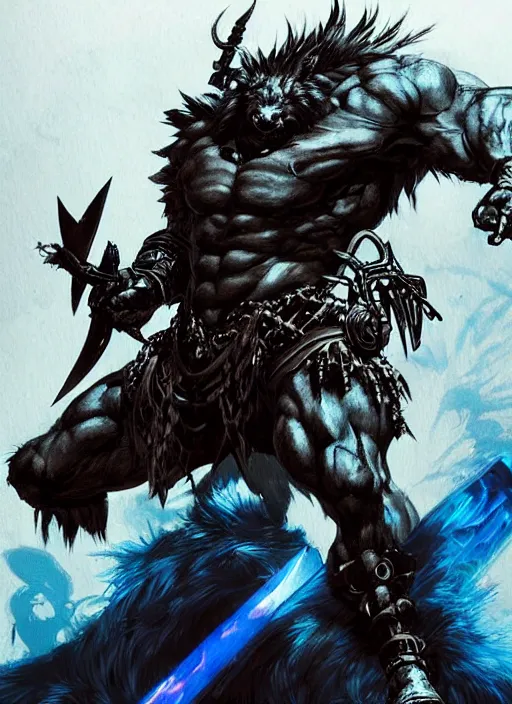 Image similar to Full body portrait of giant old gnoll warrior with a giant black blade, emanating with blue aura. In style of Yoji Shinkawa and Hyung-tae Kim, trending on ArtStation, dark fantasy, great composition, concept art, highly detailed, dynamic pose.