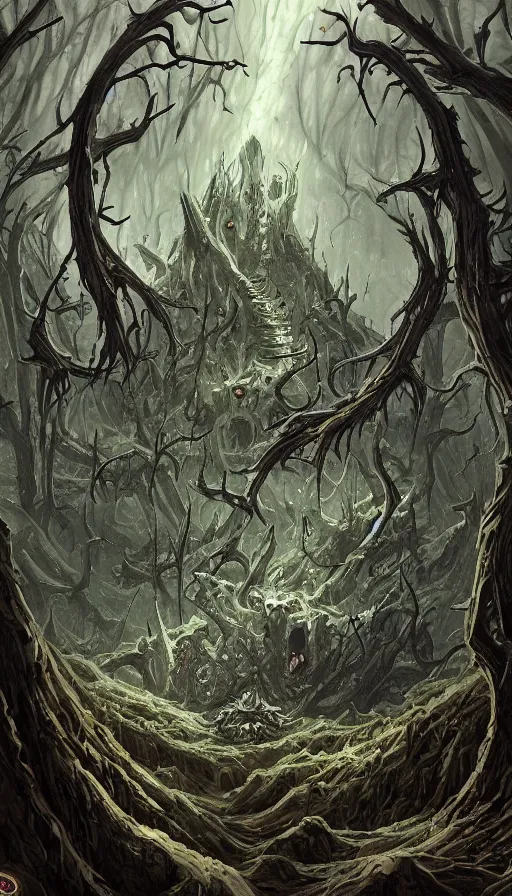 Image similar to a storm vortex made of many demonic eyes and teeth over a forest, by d & d concept artists