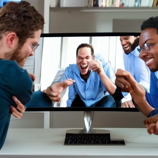 Prompt: a bunch of people around a computer looking at a chat with images