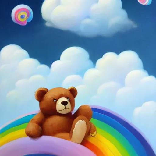 Image similar to a storybook of a teddy bear sleeping in the clouds, a storybook illustration by RHADS and Pu Hua, candy and rainbows, trending on cgsociety, pop surrealism, official art, detailed painting, artstation hd