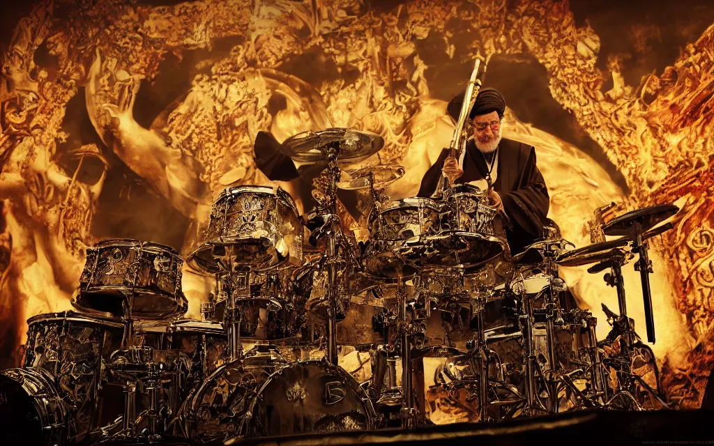 Image similar to khamenei playing drums in heavy metal band in hell hanged bodies in horizon, high definition, trending on artstation, unreal engine, photorealistic, high resolution,, trending on deviantart, hdr, hyper detailed, insane details, intricate, elite, ornate, elegant, luxury, dramatic lighting