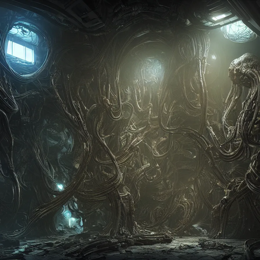 Image similar to Prometheus biological sci-fi corridor set in a nightmarish universe of odd forms and somber tapestry, humans exploring, HR Giger, featured in artstation, octane render, cinematic, elegant, intricate, 8k