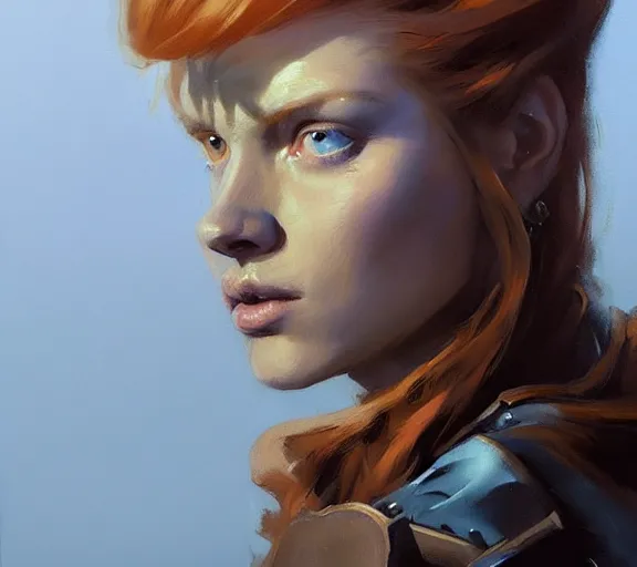 Image similar to greg manchess portrait painting of ginger beautiful princess as game of throne character, medium shot, asymmetrical, profile picture, organic painting, sunny day, matte painting, by greg rutkowski, by greg tocchini, by james gilleard, by joe fenton, dynamic lighting, gradient light blue, brown, blonde cream and white color scheme, grunge aesthetic