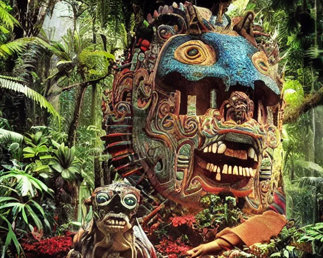 Image similar to mayan jaguar warrior exploring an alien garden las pozas, 1 9 7 0's sci - fi, lofi technology, deep aesthetic colors, 8 k, highly ornate intricate details, extreme detail, cut out collage, william s burroughs