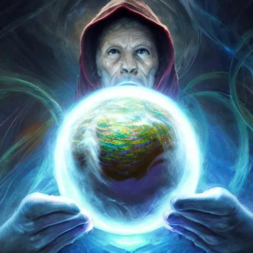 Image similar to the creator of worlds wearing a cloak and holding a holographic planet projection in his hand, detailed, sci - fi, digital painting, artstation, sharp focus, illustration, ominous, artgerm, tomasz alen kopera, peter mohrbacher, donato giancola, joseph christian leyendecker, wlop, frank frazetta