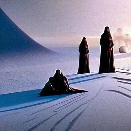 Prompt: colour aesthetic highly detailed photography scene from dune ( 2 0 2 1 ) by denis villeneuve and gregory crewdson style with ultra hyperrealistic very highly detailed faces. many details by andrei tarkovsky and caravaggio in sci - fi style. volumetric natural light hyperrealism