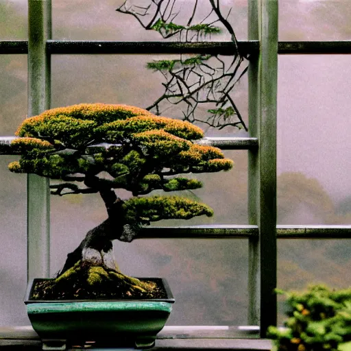 Prompt: photo of a bonsai tree on the ledge of a house in tokyo, japan, overcast, raining, disposable camera