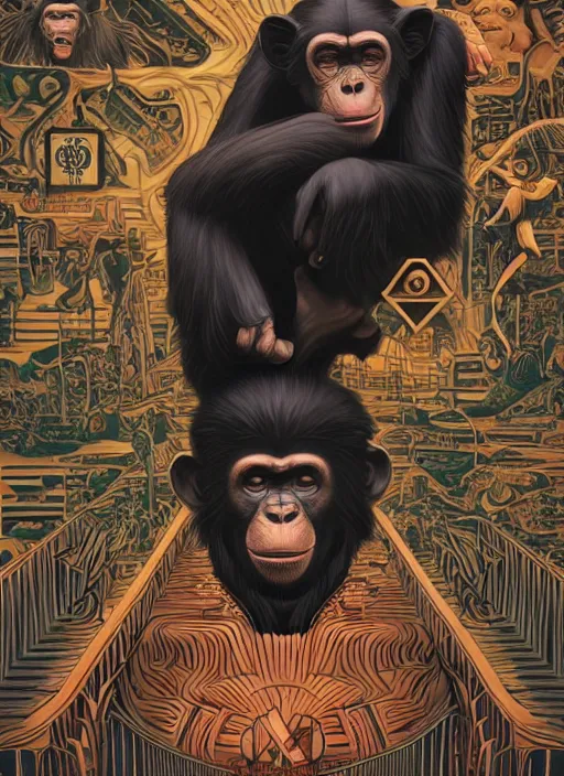 Prompt: Twin Peaks movie poster artwork by Michael Whelan and Tomer Hanuka, Rendering of a chimpanzee being hypnotized by looking at masonic and kabbalistic symbols, from a scene from Twin Peaks, clean, full of detail, Matte painting, trending on artstation and unreal engine