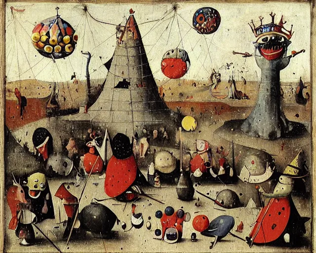 Prompt: The Clown Frog King pulls the lever initiating clown world, confetti bombs and honking ensues, painting by Hieronymous Bosch