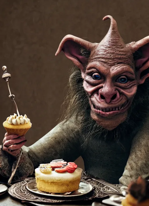 Prompt: closeup portrait of a medieval goblin eating cakes in the abbey, depth of field, zeiss lens, detailed, symmetrical, centered, fashion photoshoot, by annie leibovitz and steve mccurry, david lazar, jimmy nelsson, breathtaking, 8 k resolution, extremely detailed, beautiful, establishing shot, artistic, hyperrealistic, beautiful face, octane render