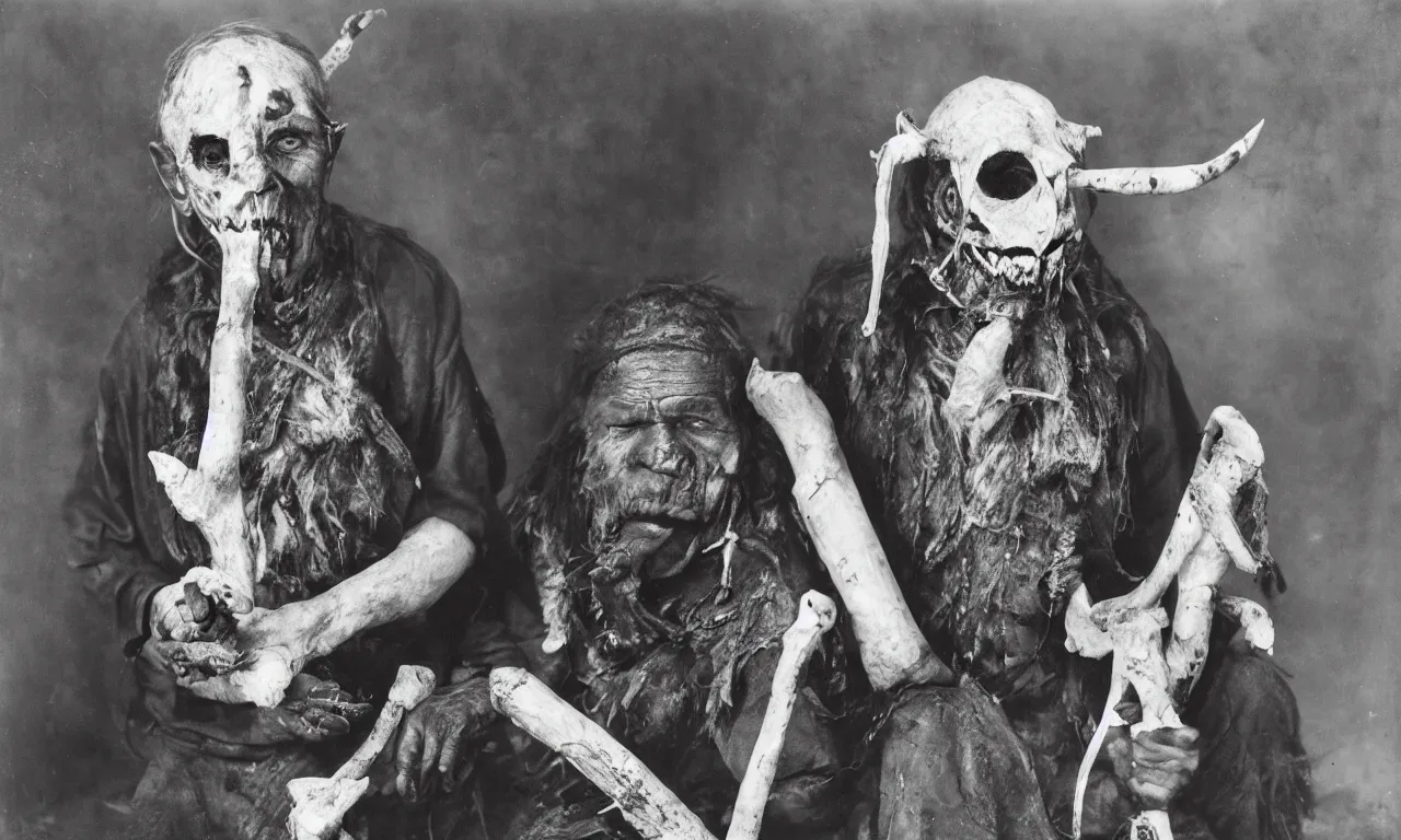 Prompt: a black and white old wet - plate photograph of a tribal elder with a bone in his nose and a scary mask feeding his large pet dragon