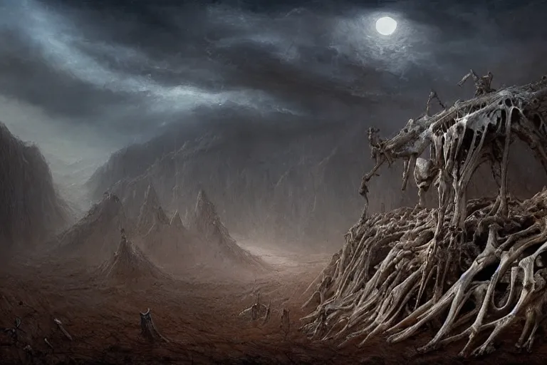 Image similar to amazing concept painting of the Valley of Dry Bones, by Jessica Rossier and HR giger and Beksinski, prophecy, hallucination, the middle of a valley; it was full of bones, bones that were very dry, there was a noise, a rattling sound, and the bones came together, bone to bone , I looked, and tendons and flesh appeared on them and skin covered them, but there was no breath in them and breath entered them, they came to life and stood up on their feet a vast army