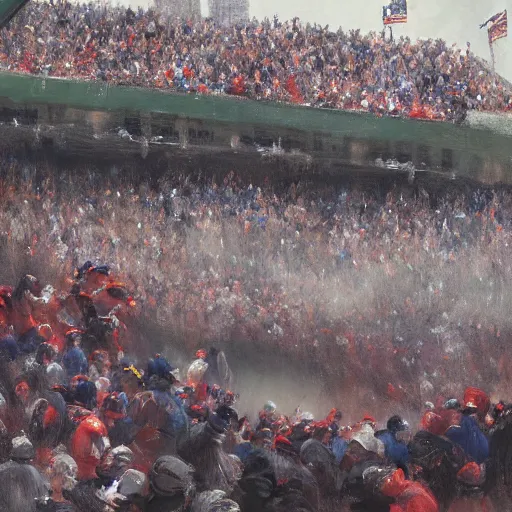 Image similar to fans at wrigley field, by jeremy mann, anders zorn, greg rutkowski.