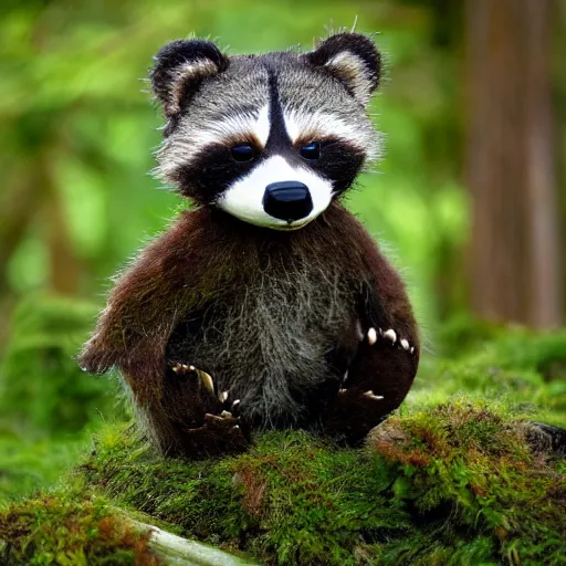 Prompt: raccoon teddy bear in a mossy forest