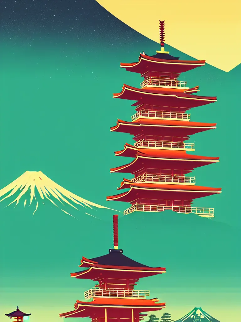 Image similar to a travel poster illustration depicting a japanese pagoda with mount fuji, vintage style, detailed illustration, digital painting, vector art, trending on artstration, by anton fadeev, by alena aenami