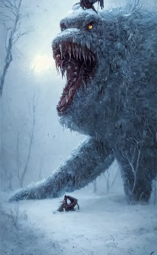 Image similar to portrait of a frozen monster creature, in a snowy field, teeth, fantasy, highly detailed, cinematic lighting, digital art painting by greg rutkowski