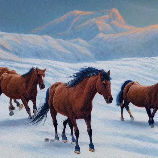 Prompt: painting of a herd of wild horses on a snowy mountain in the style of Bev Doolittle, HD, Detailed, Realism