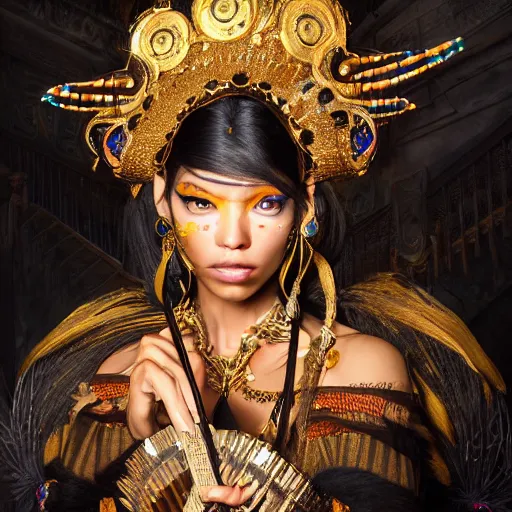 Prompt: the portrait, masked beautiful black aztec female violinist, exotic costumes, gold jewelry, black hair ， illustration by wenjun lin, irakli nadar, bright colors, octopath traveler, wenjun lin, unreal engine 5 highly rendered, global illumination, radiant light, detailed and intricate environment