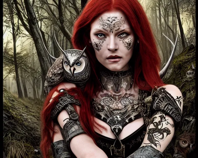 Image similar to 5 5 mm portrait photo of an armored gorgeous anesthetic redhead woman warrior with a face tattoo and horns growing from her head, and owl sitting on her shoulder in a magical forest in the style of stefan kostic, art by luis royo. highly detailed 8 k. intricate. lifelike. soft light. nikon d 8 5 0. cinematic post - processing