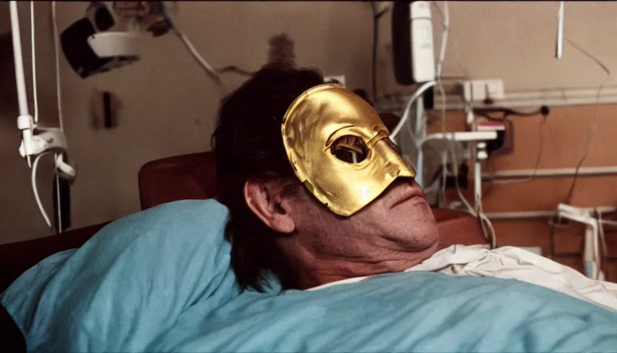 Image similar to 70s movie still of a man wearing gold spiral mask in hospital, eastmancolor, heavy grain, high quality, higly detailed, liminal space