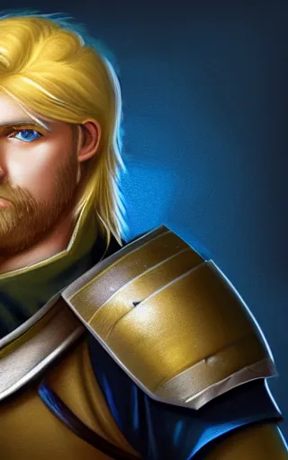 Image similar to highly detailed concept art of a rugged young knight with blonde hair and blue eyes and a short beard wearing a blue shirt and a yellow cape and leather boots holding a shield and a warpick, by Piotr Dura, concept art, realistic, masterpiece, ArtStation