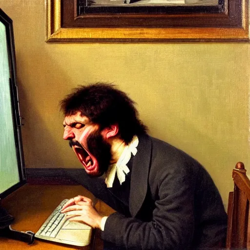 Image similar to an angry man yells at his computer monitor, oil on canvas, 1 8 8 3, highly detailed