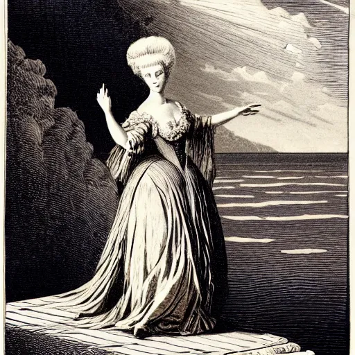 Image similar to A beautiful 19th century wood-engraving of Marie Antoinette levitating over the sea, by Édouard Riou Jules Férat and Henri de Montaut, highly detailed, fine Art, high detail, masterpiece, illustration, clear eyes, trending on artstation