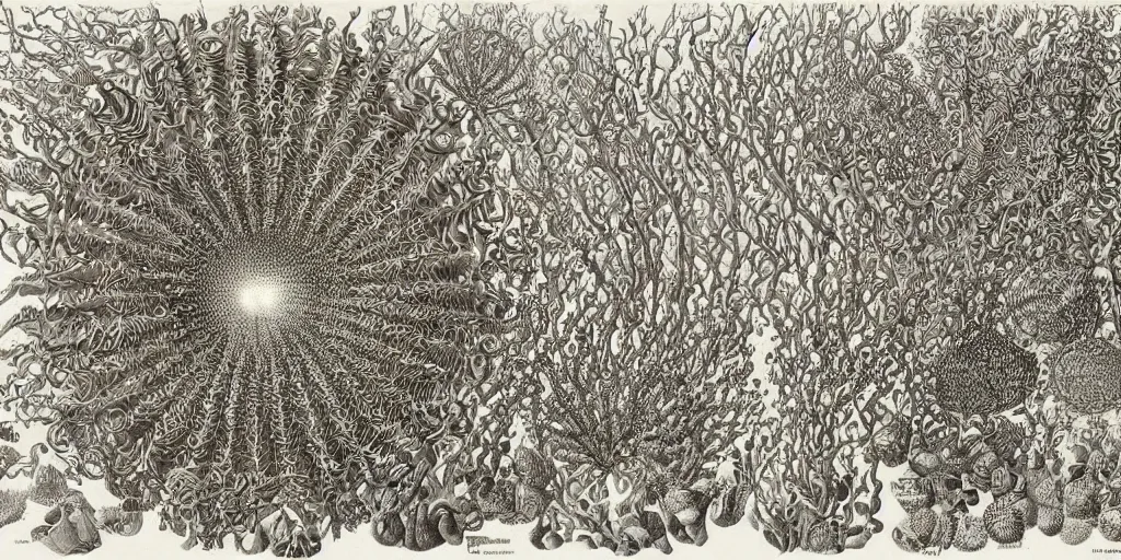 Prompt: Artwork by Ernst Haeckel of the cinematic view of a giant diatom forest.